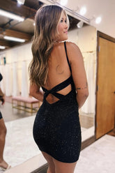 Black Bodycon Spagehetti Straps Beaded Homecoming Dress